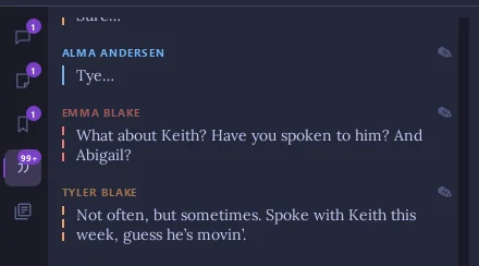 The Pensarium dialogue tab, each line under the name of the character who said it