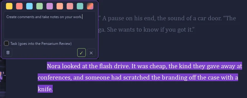 A highlighted passage with the comment box open: colour choices, the note, and a checkbox that turns it into a task