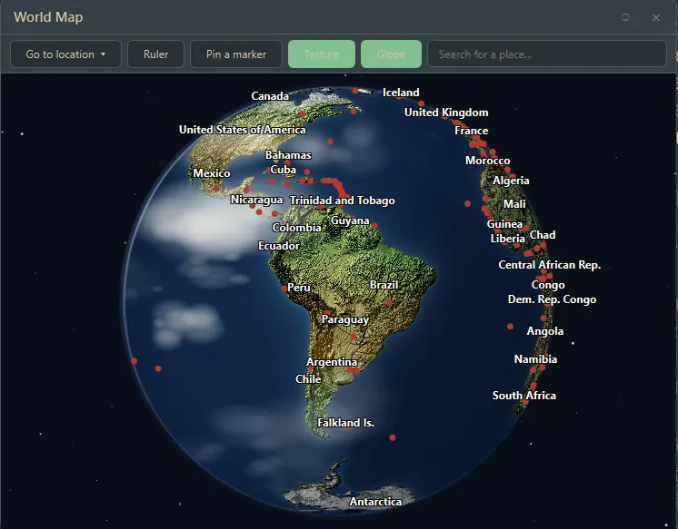 The World Map with real countries, pins marking story locations and a distance ruler