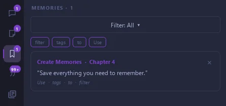 The Memories tab of the Pensarium, with a saved passage and the chapter it came from