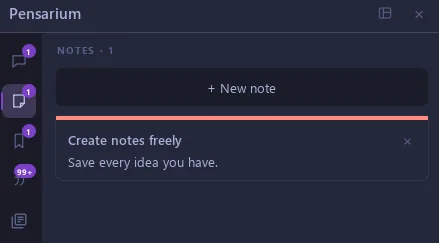 The Notes tab of the Pensarium, with a new-note button and a note