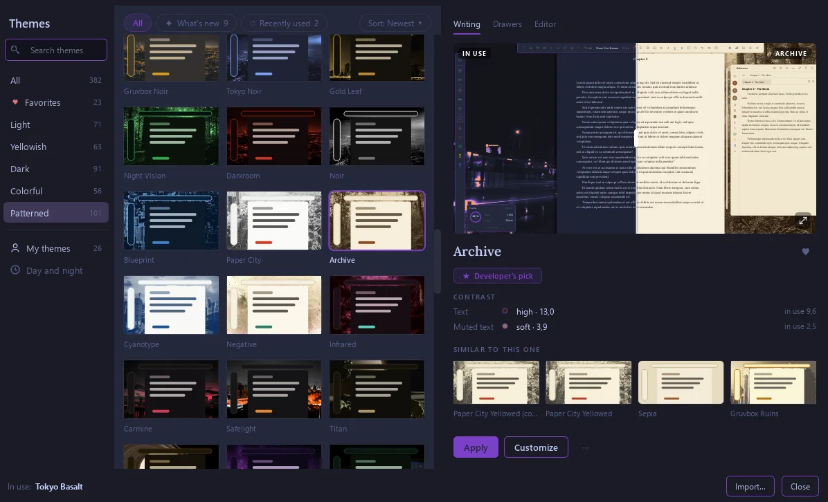 The Patterned filter of the theme gallery, showing themes with photographic backgrounds such as Tokyo Noir, Gold Leaf, Night Vision, Blueprint and Archive