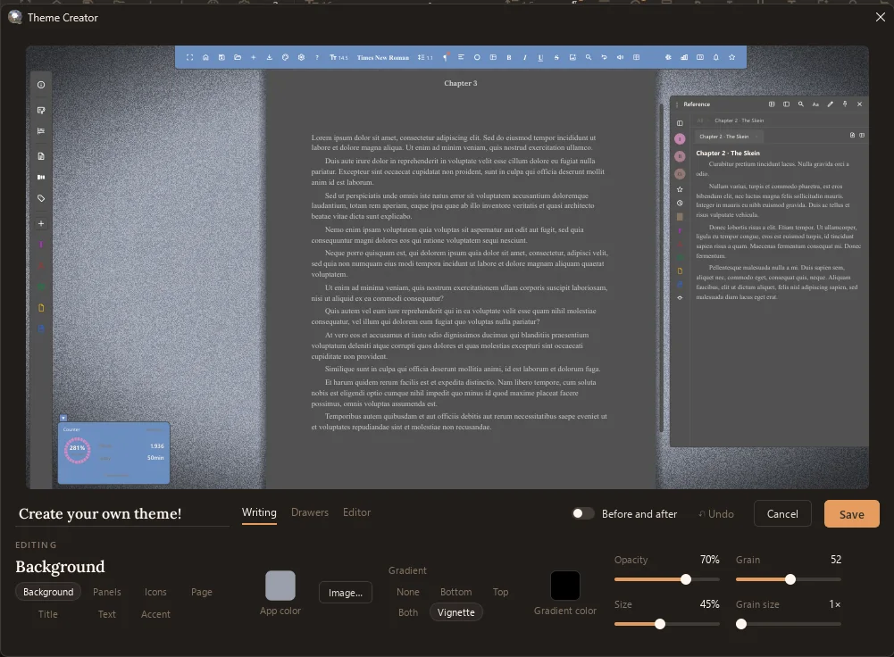 The Theme Creator: a preview of the whole app on top, and below it the background controls: app colour, image, gradient, vignette, opacity and grain