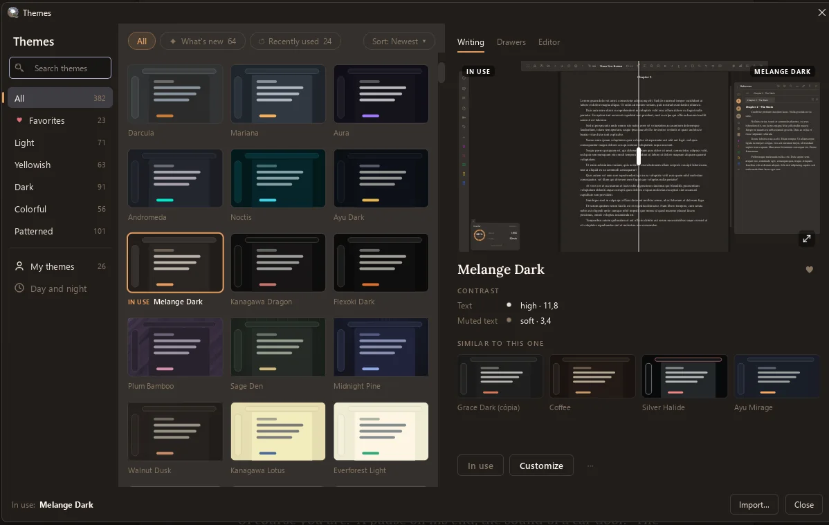 The Qenna Writer theme gallery: search, categories for light, yellowish, dark, colourful and patterned, and a preview of the chosen theme with its text contrast and similar themes