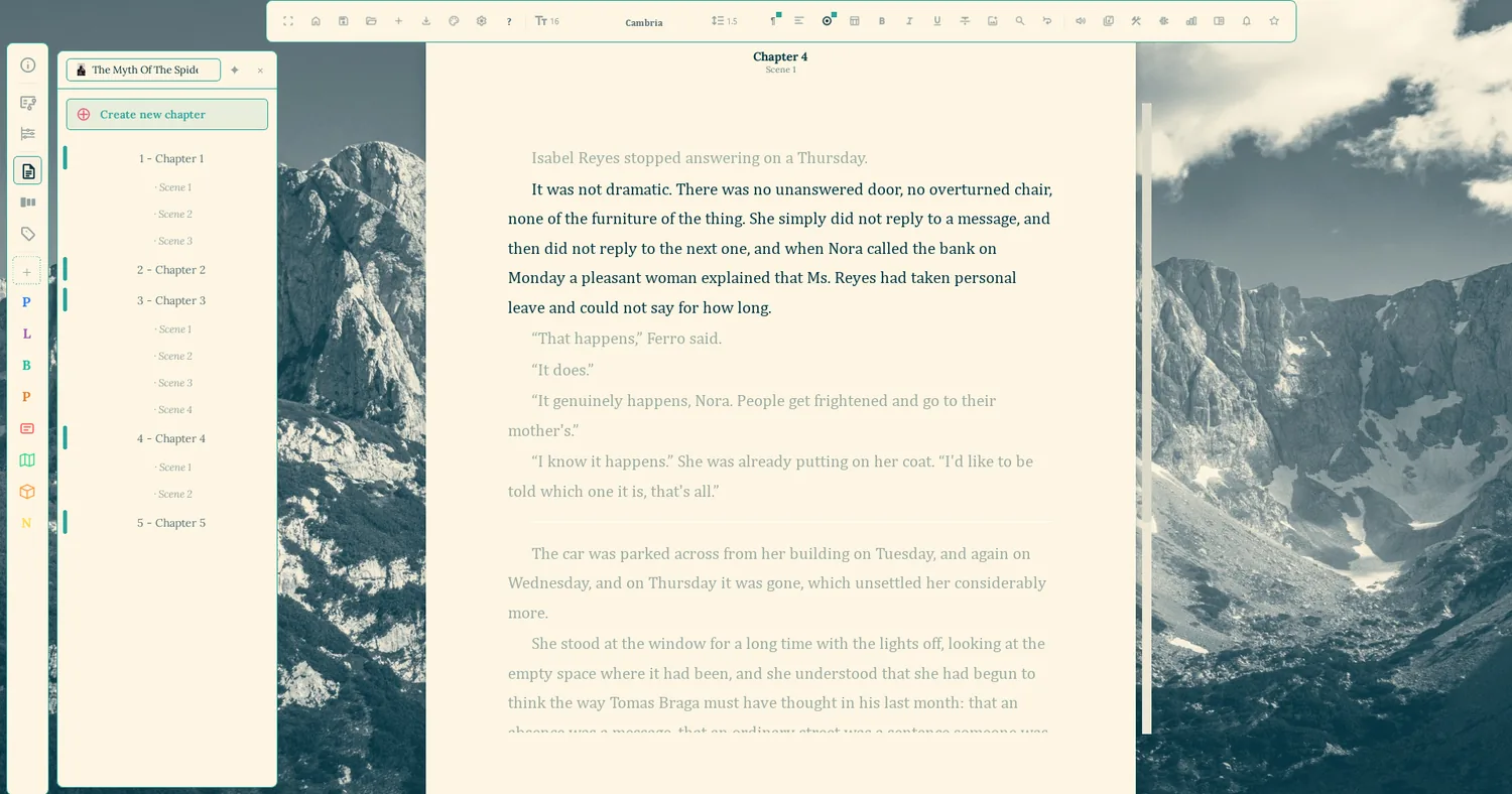 Qenna Writer open on a chapter, with the chapter list and its nested scenes on the left and the manuscript page in the middle
