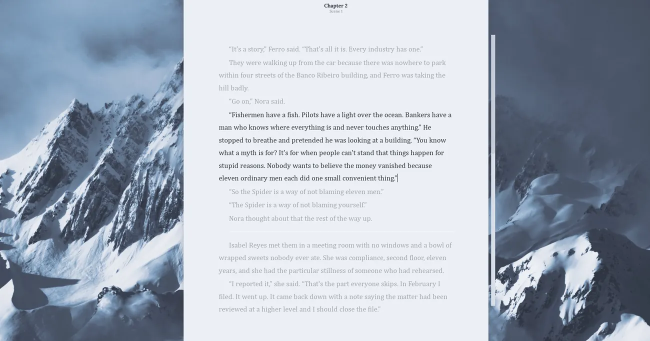 The editor in Focus Mode over a snowy mountain theme, with no bars in sight