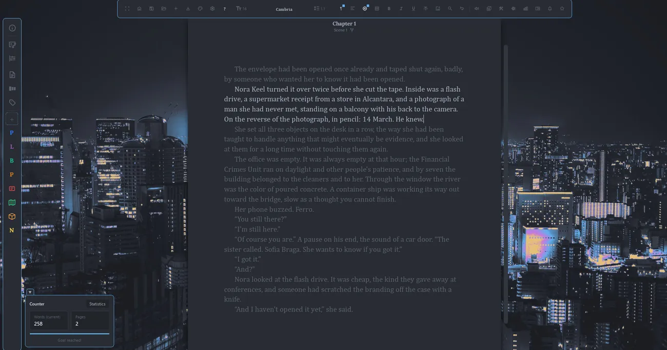 The editor over a night-city theme, with a dark page
