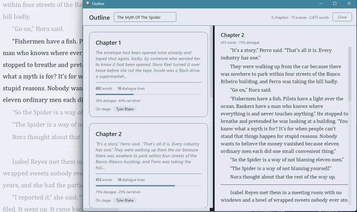 Outline Mode showing chapter cards with word counts, dialogue lines and the split between dialogue and narration