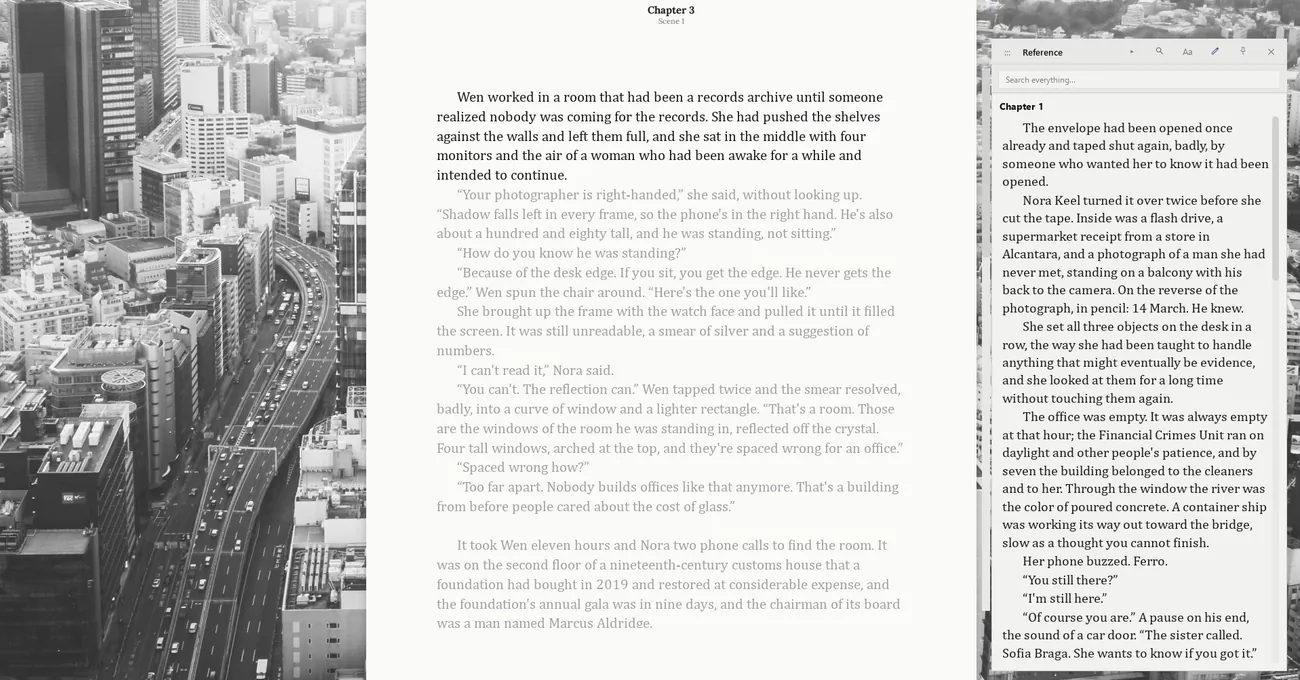 Chapter 3 open in the editor with Chapter 1 displayed alongside it in the Reference panel