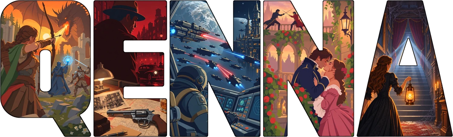 Qenna — each letter of the name drawn as a different world: fantasy, thriller, science fiction, romance and horror
